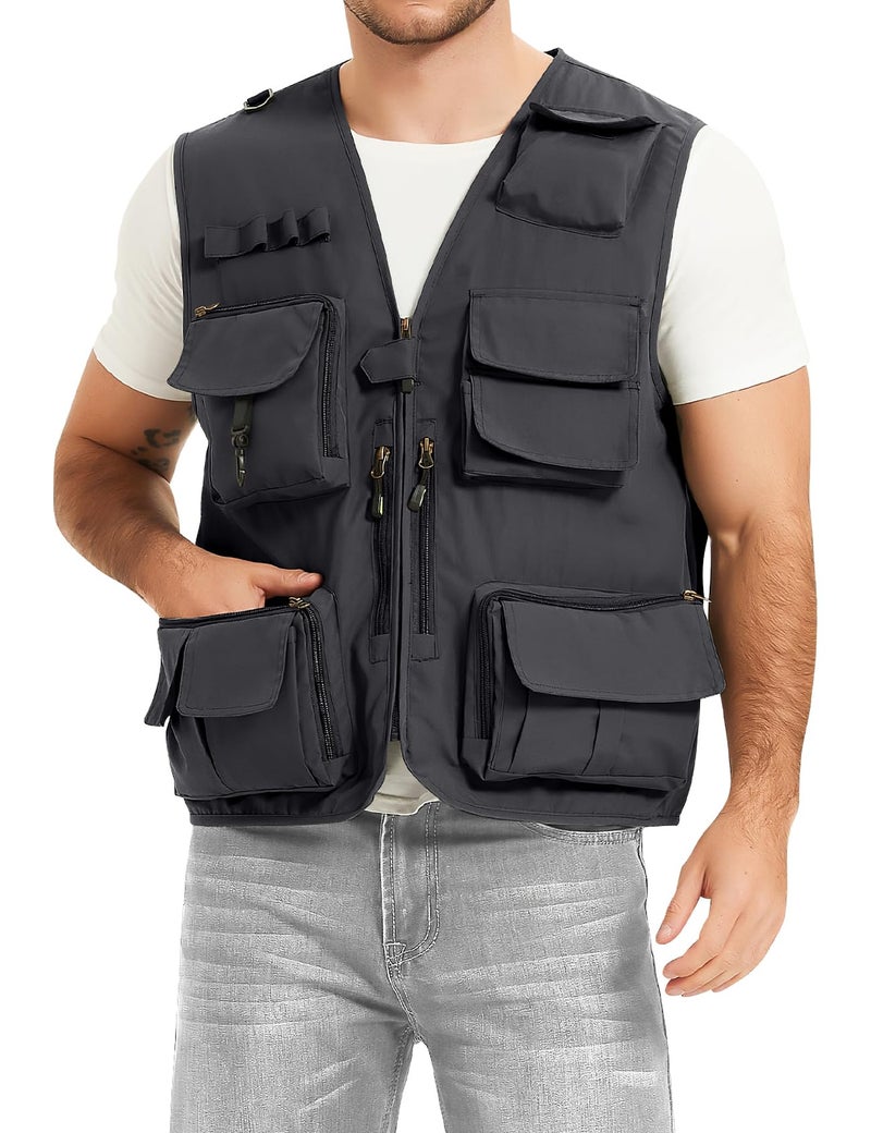 PEHMEA Men's Fishing Vest Utility Detachable Summer Vests with Pockets for Safari Travel Outdoor Work Photo Cargo Fly(Grey-S) - Image 4